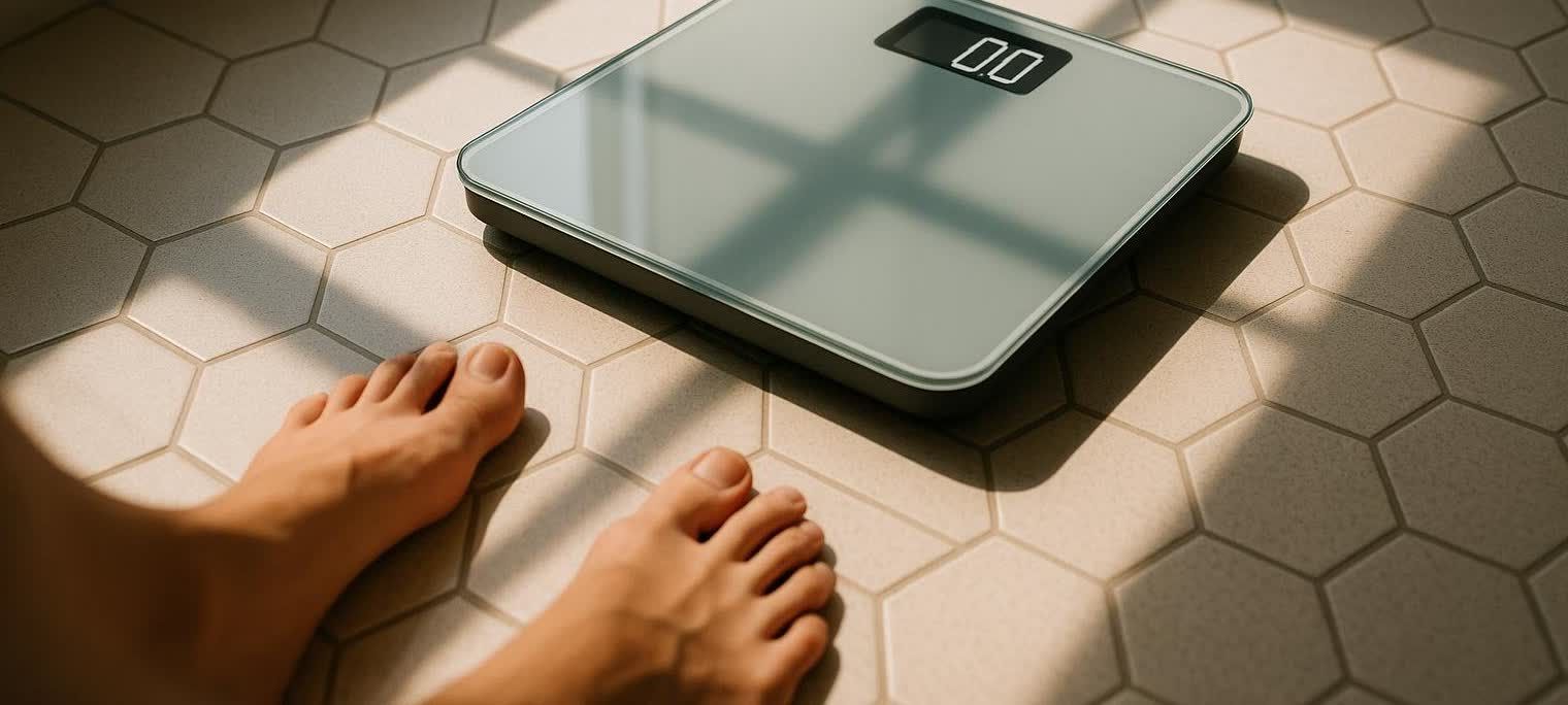 A modern smart scale on a tiled bathroom floor in natural morning light.