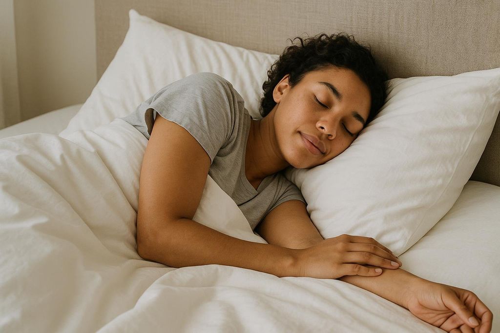A woman with short curly dark hair and light brown skin is sleeping peacefully on her side in a bed with white sheets and a white pillow. She is wearing a grey t-shirt, and her eyes are closed with a faint smile on her face. Her left arm is visible on top of the sheets.
