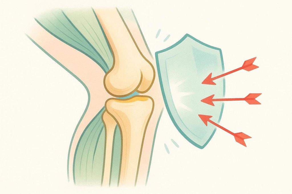 An illustration showing how strong muscles represented by a shield protect the knee joint from stress, depicted as arrows impacting the shield.