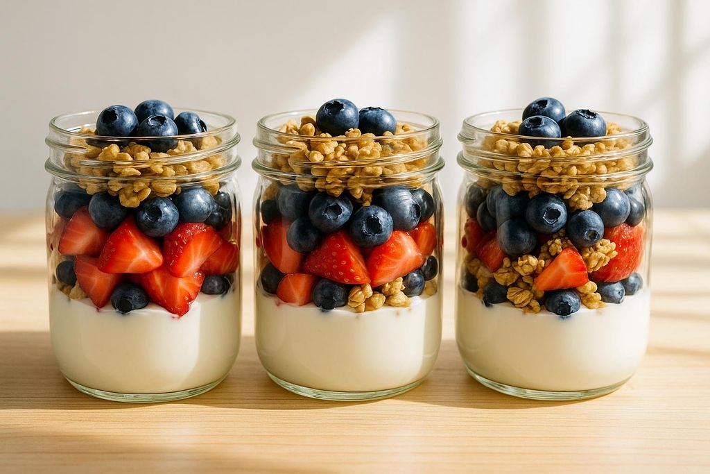 Three glass jars filled with colorful, layered parfaits. Each parfait contains a bottom layer of white yogurt, followed by layers of whole blueberries, sliced strawberries, and topped with granola. The jars are sitting on a light wooden surface in bright sunlight, perfect for breakfast meal prep.