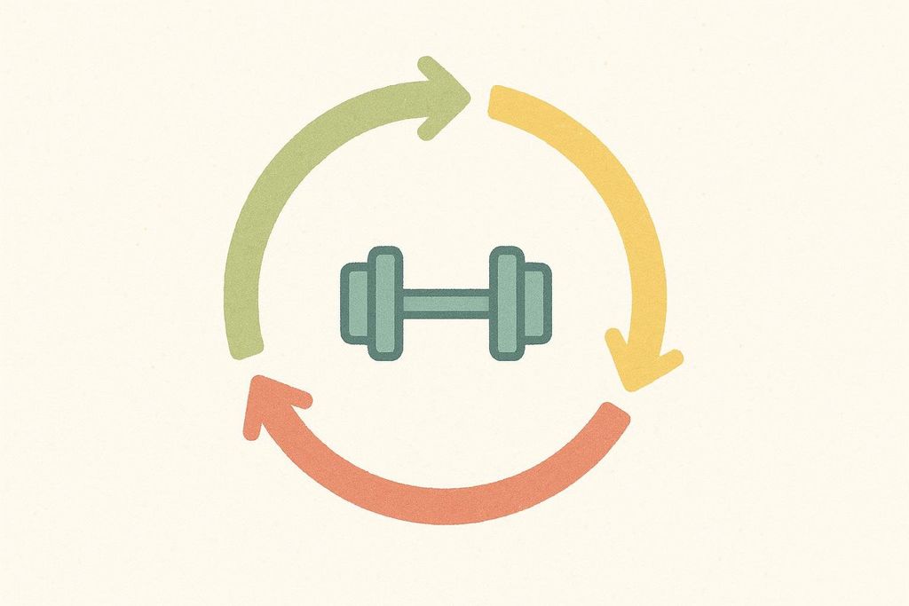 An illustration of a light green dumbbell in the center, surrounded by three curved arrows in a circular pattern: one green, one yellow, and one orange. This represents consistency in workouts.
