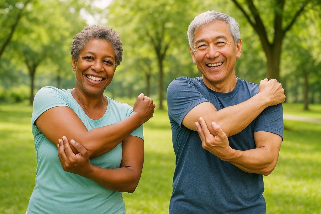 A smiling African American woman and an Asian man, both appearing to be in their 50s or 60s, stretching their arms in a park setting with green trees in the background.