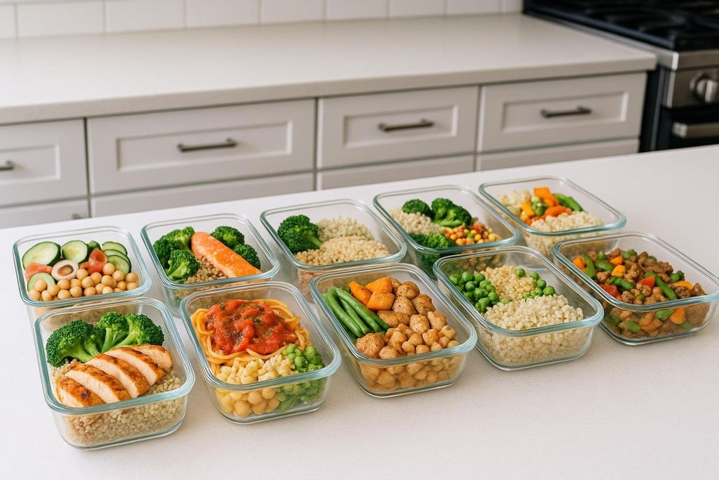 Multiple glass meal-prep containers filled with balanced and vibrant multi-day meal ingredients like chicken, pasta, salmon, chickpeas, vegetables, and couscous, arranged on a white kitchen counter.