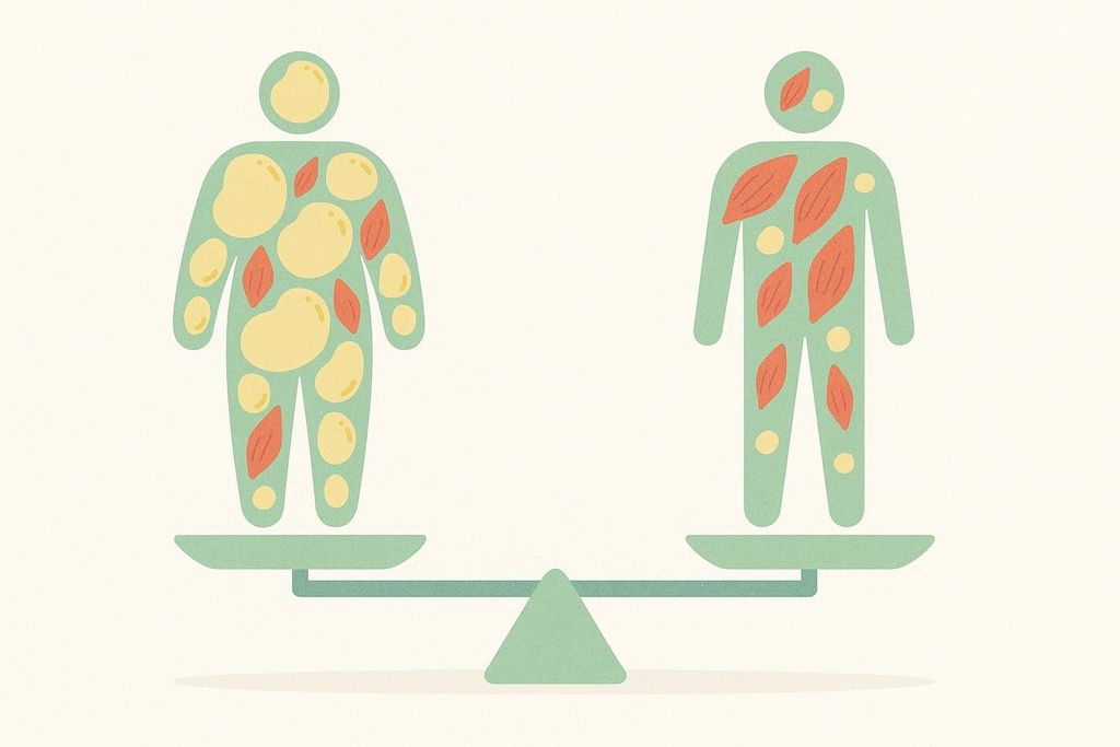 An illustration explains body recomposition, showing two identical human figures on a balanced scale. The figure on the left contains many large yellow shapes representing fat and a few small red shapes representing muscle. The figure on the right contains many large red shapes representing muscle and a few small yellow shapes representing fat. This implies that body composition can change significantly even if overall weight remains constant.