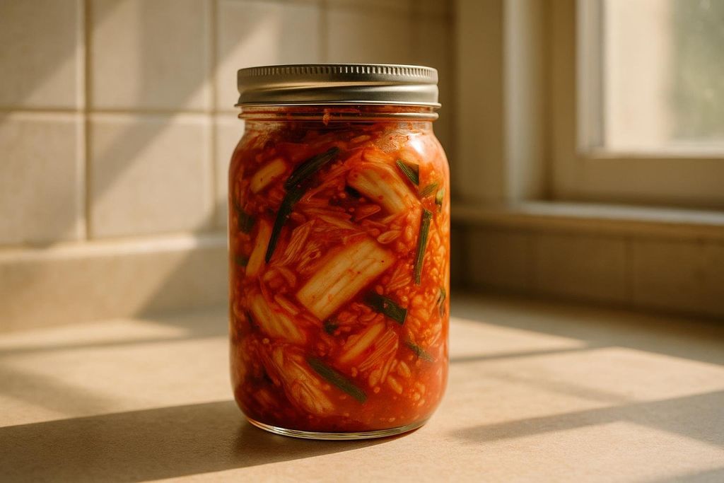 A sealed glass mason jar filled with bright red freshly packed kimchi, containing pieces of napa cabbage and green onions, sitting on a countertop in sunlight.