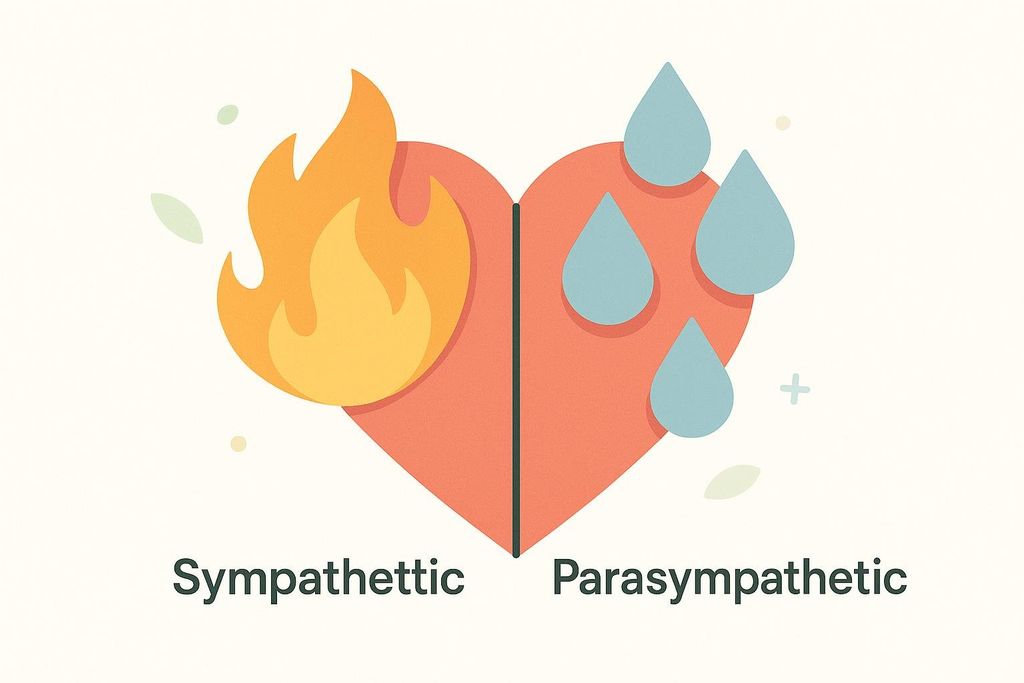 An illustration of a heart split down the middle. The left side, labeled 'Sympathetic', has flames on it, symbolizing a heightened state. The right side, labeled 'Parasympathetic', has water droplets, symbolizing a calming effect. This visualizes the impact of the sympathetic and parasympathetic nervous systems on the heart.