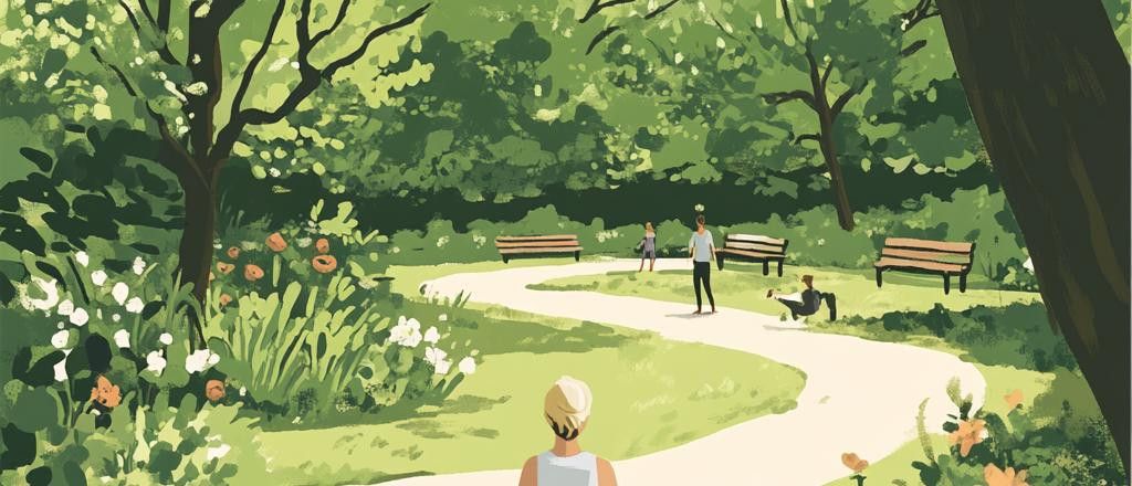 An illustration of people relaxing and playing in a lush green park with trees, benches, and a winding path.