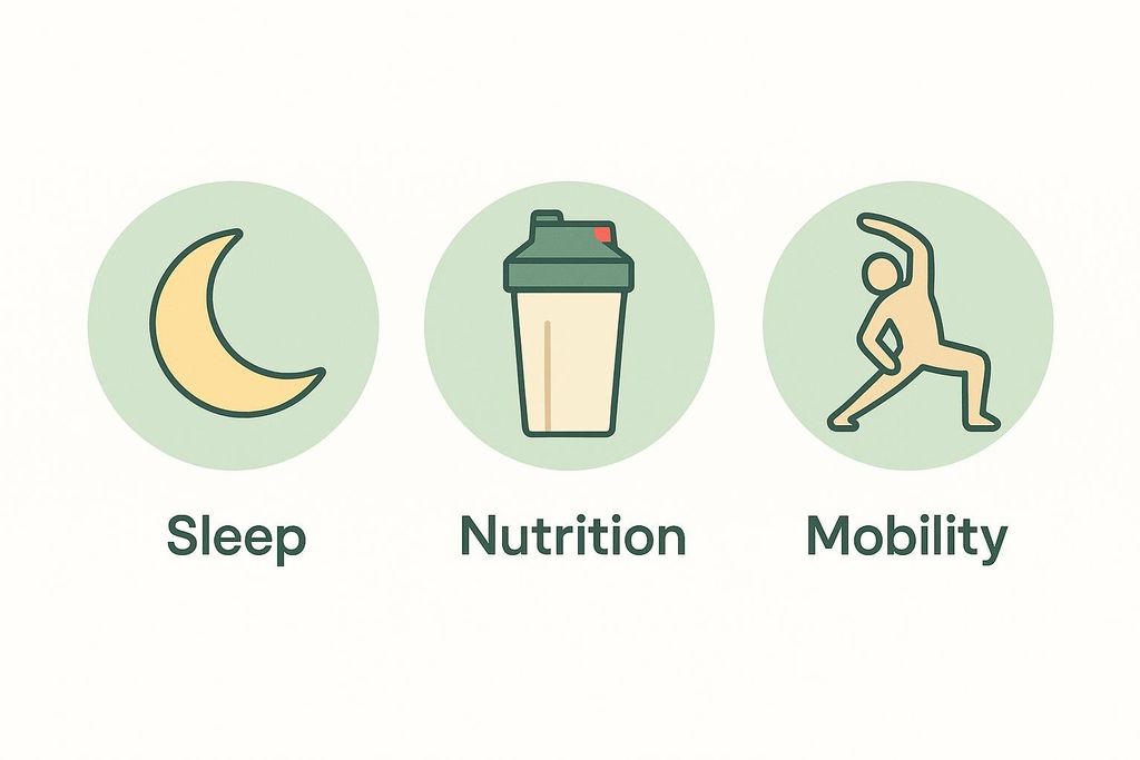 An illustration showing three green circles, each containing an icon and a label. From left to right: a crescent moon with 'Sleep', a protein shaker bottle with 'Nutrition', and a person stretching with 'Mobility'. These represent the three recovery pillars.