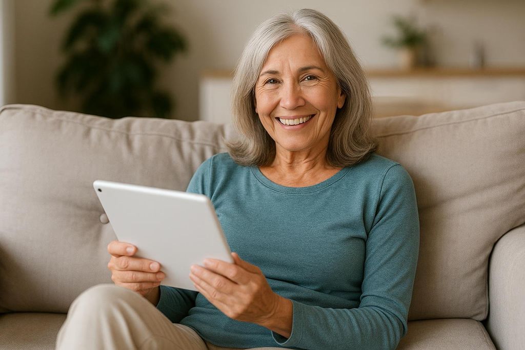 An older woman with gray hair smiles directly at the camera while holding a white tablet. She is wearing a teal long-sleeved shirt and light-colored pants, sitting comfortably on a light brown couch.