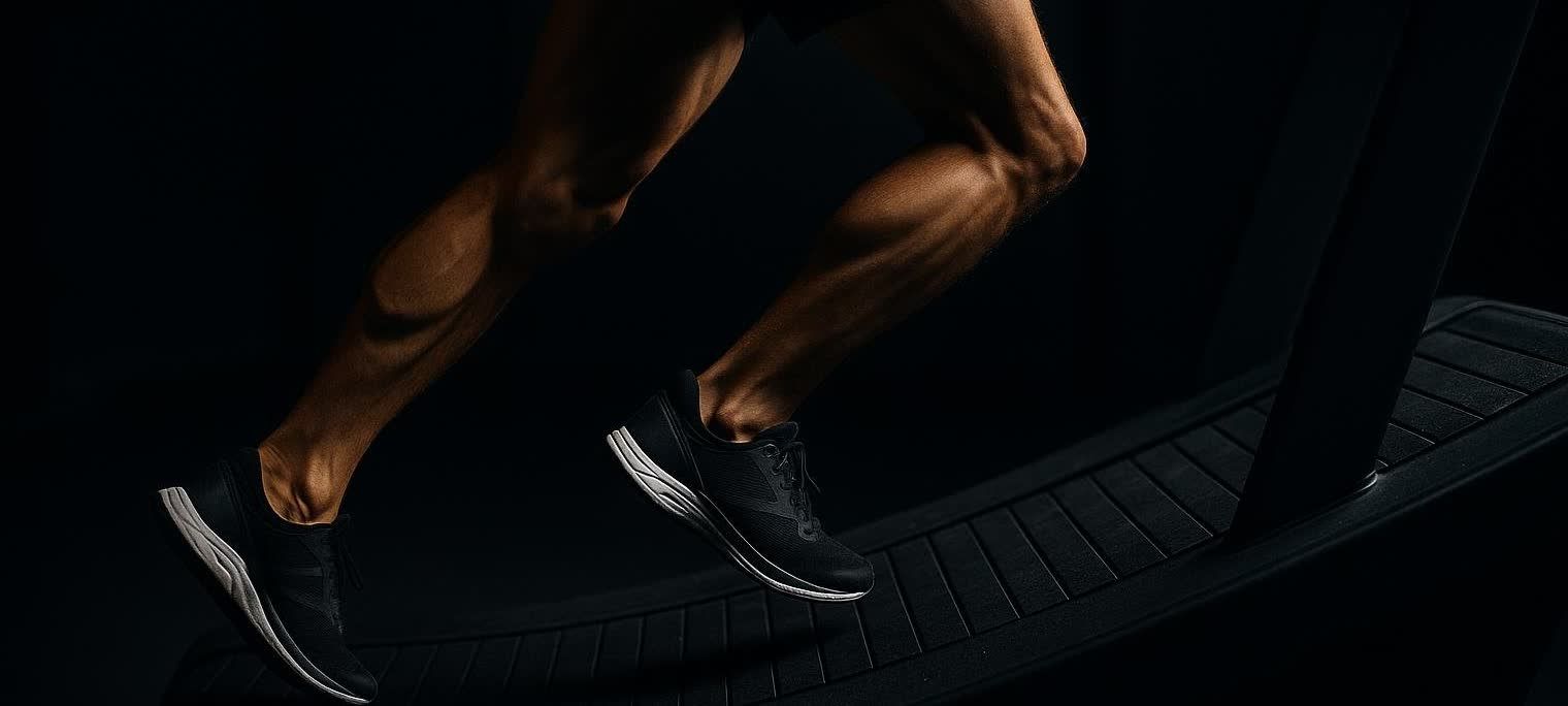 Close-up of runner's legs on a steep treadmill incline