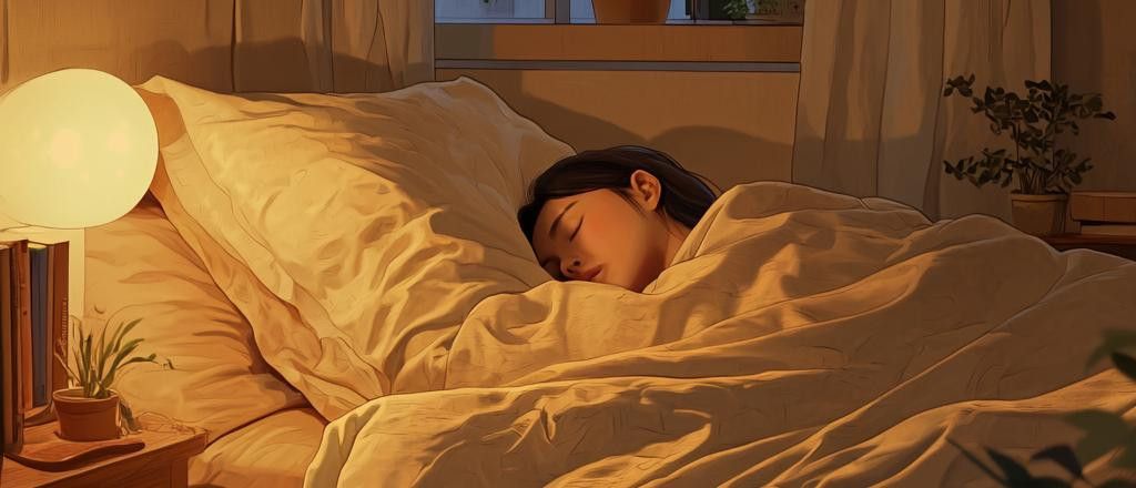 A person with dark hair is sleeping soundly in a bed covered with a white comforter. A warm light from a lamp illuminates the scene. Books and plants are visible on a bedside table.