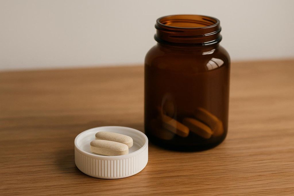 An opened amber vitamin bottle sits on a wooden surface with two light-colored, oblong capsules resting on its white cap.