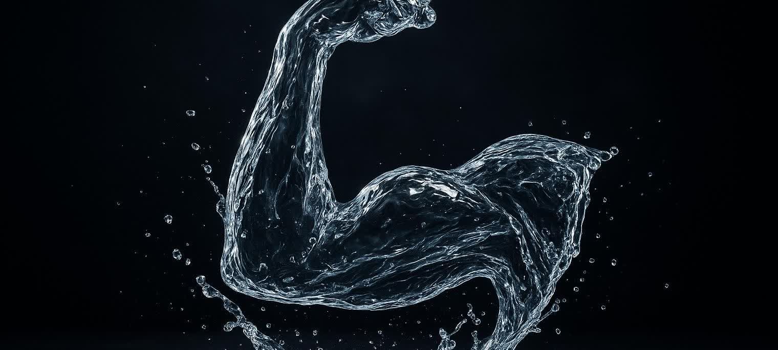 High-speed photography of splashing water shaped like a muscular arm.