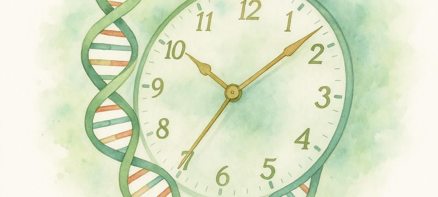 An abstract illustration combining a DNA helix and clock hands, representing biological age.