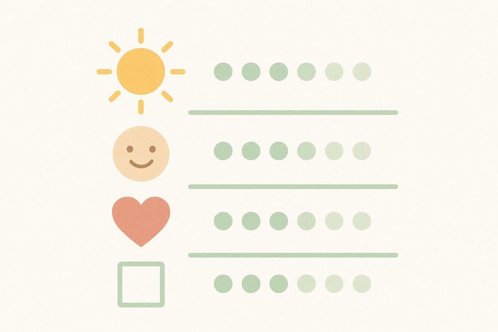 Illustration of a quality-of-life survey with abstract icons and rating scales for energy, mood, and heart health.