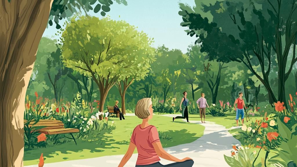 An illustration of a park scene with people exercising and relaxing, including a woman meditating in the foreground, people jogging, and a person sitting on a bench.