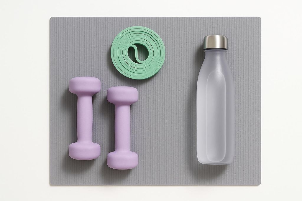 A flat lay of home workout equipment including two light purple dumbbells, a coiled green resistance band, and a frosted water bottle, all resting on a grey yoga mat.