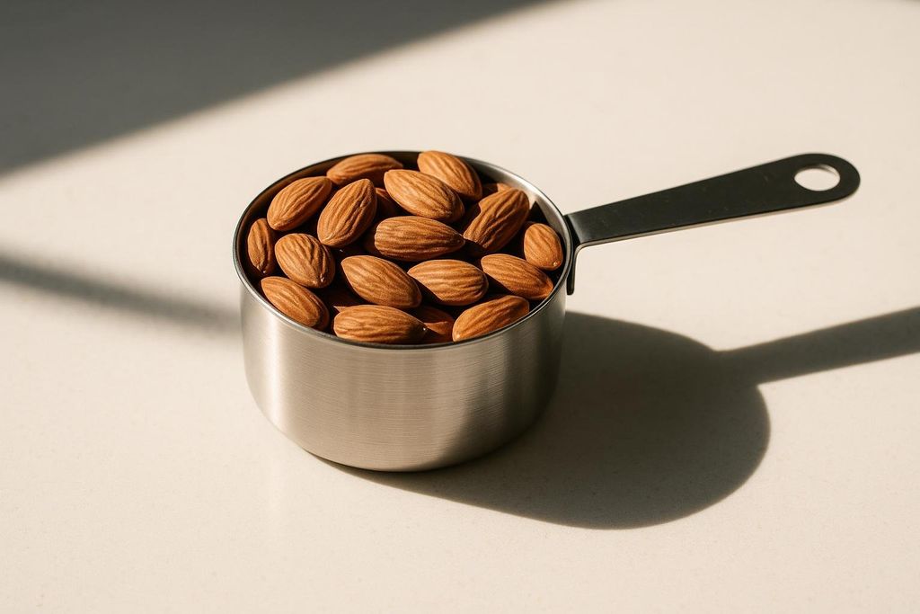 A stainless steel measuring cup filled with whole almonds on a light surface, with shadows cast by sunlight from the side.