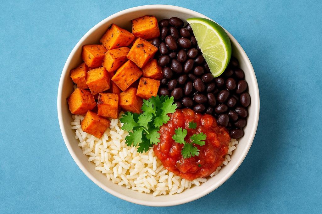 A colorful, top-down view of a black bean and sweet potato burrito bowl with white rice, salsa, cilantro, and a lime wedge.