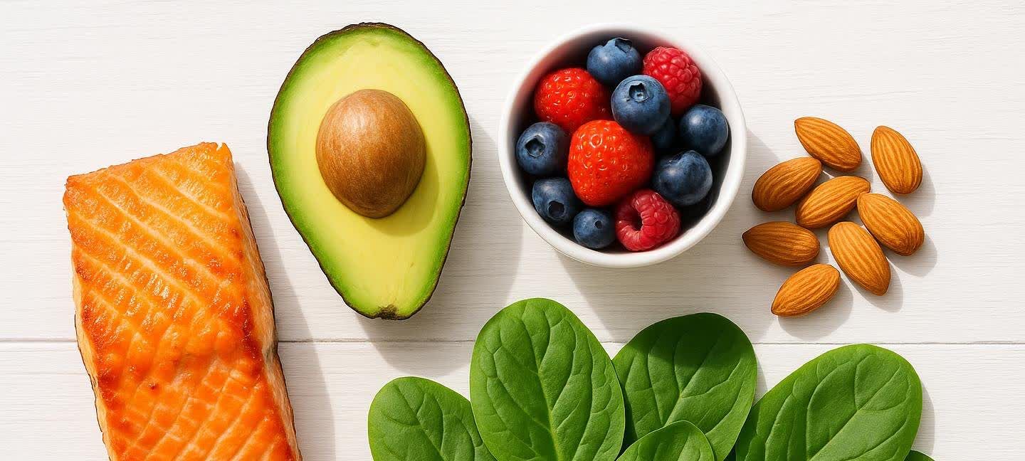 A flat lay of various healthy foods like salmon, avocado, almonds, spinach, and a bowl of mixed berries (blueberries, strawberries, and raspberries) arranged artfully on a white wooden table, representing a diet for belly fat loss.