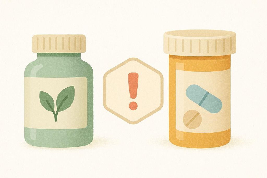 An illustration of a green supplement bottle with a plant leaf symbol and an orange prescription bottle with pills, separated by a red exclamation mark in a hexagon, indicating potential drug interactions.