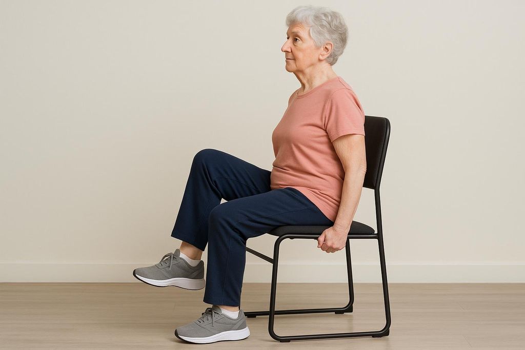 An older adult woman with gray hair, wearing a peach t-shirt and blue pants, sits in a black chair and demonstrates a seated march exercise. She has one knee raised with her foot off the ground, showcasing good posture and controlled movement.