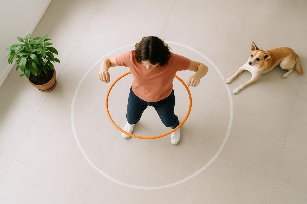 A person stands within a white chalk circle on a light-tiled floor, holding an orange hula hoop at waist height. A potted plant is to their left, and a light brown dog lies beyond the circle on their right. The image is taken from a high angle.