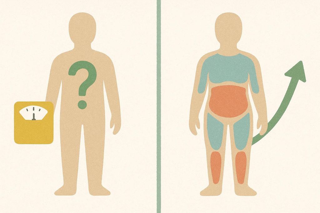 Illustration contrasting a human figure with a question mark and a weighing scale, representing ambiguous weight tracking, with another human figure showing body composition analysis (blue for muscle, orange for fat) and an upward arrow, signifying clearer fitness progress.