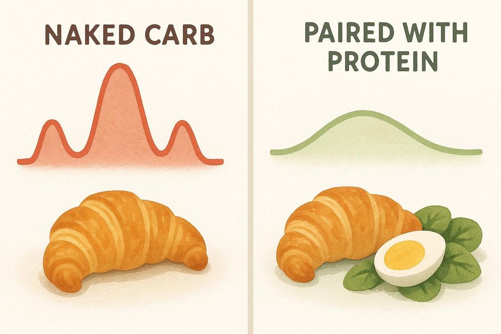 An illustration demonstrating how eating a carb alone (a croissant) causes a large and spiky glucose response (red line), while pairing the same carb with protein (croissant with a boiled egg and spinach) leads to a smaller, more stable glucose rise (green line).