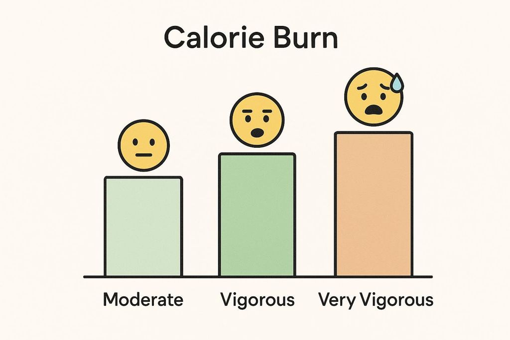 A bar chart titled 'Calorie Burn' illustrating that calorie expenditure increases with effort level. It shows three bars, each topped with an emoji: 'Moderate' (neutral emoji, lowest bar), 'Vigorous' (surprised emoji with open mouth, mid-height bar), and 'Very Vigorous' (sweating, exhausted emoji, highest bar).