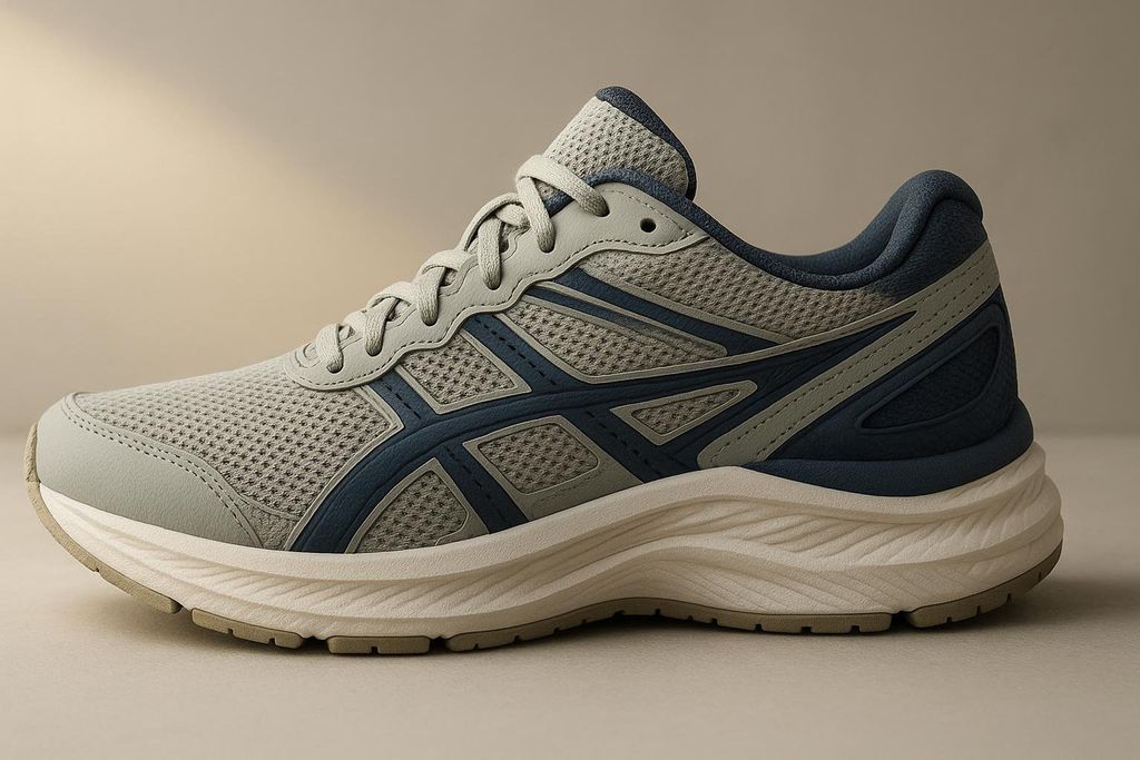 A close-up side view of a gray and blue athletic running shoe, highlighting its mesh upper, supportive design, and cushioned sole.