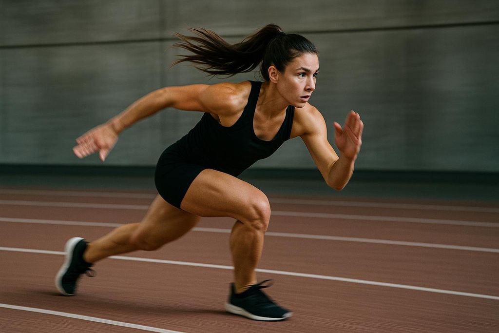 A female athlete in athletic wear performs a powerful skater bound on an indoor track, demonstrating agility and strength.