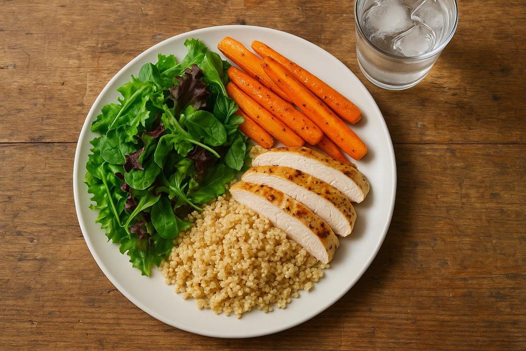 A white plate with a balanced meal consisting of grilled chicken slices, roasted carrots, mixed green salad, and couscous, next to a glass of water with ice.