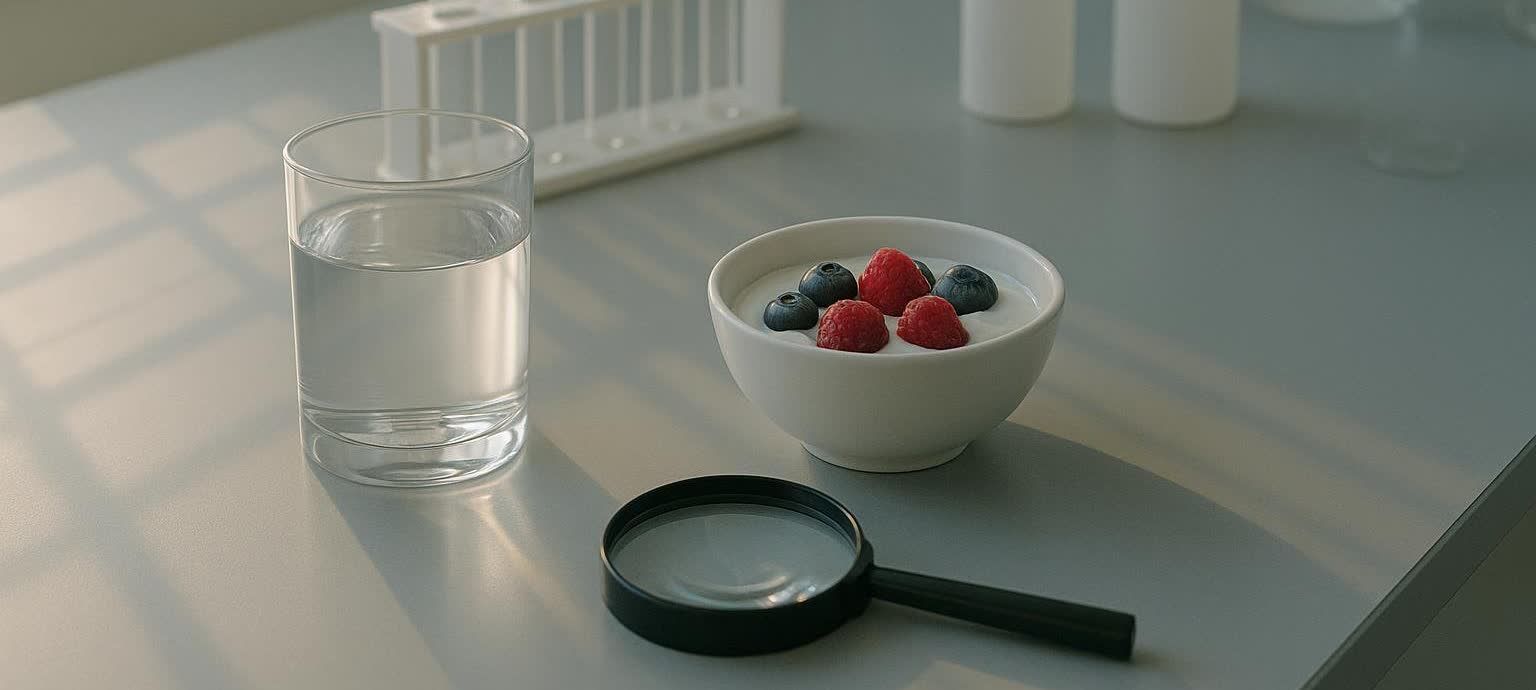 A clear glass of water, a white bowl of yogurt with raspberries and blueberries, and a black magnifying glass, arranged on a light gray surface. In the background, out of focus, are a test tube rack and several white bottles, creating a scientific or laboratory setting. Sunlight casts shadows resembling window blinds across the scene.