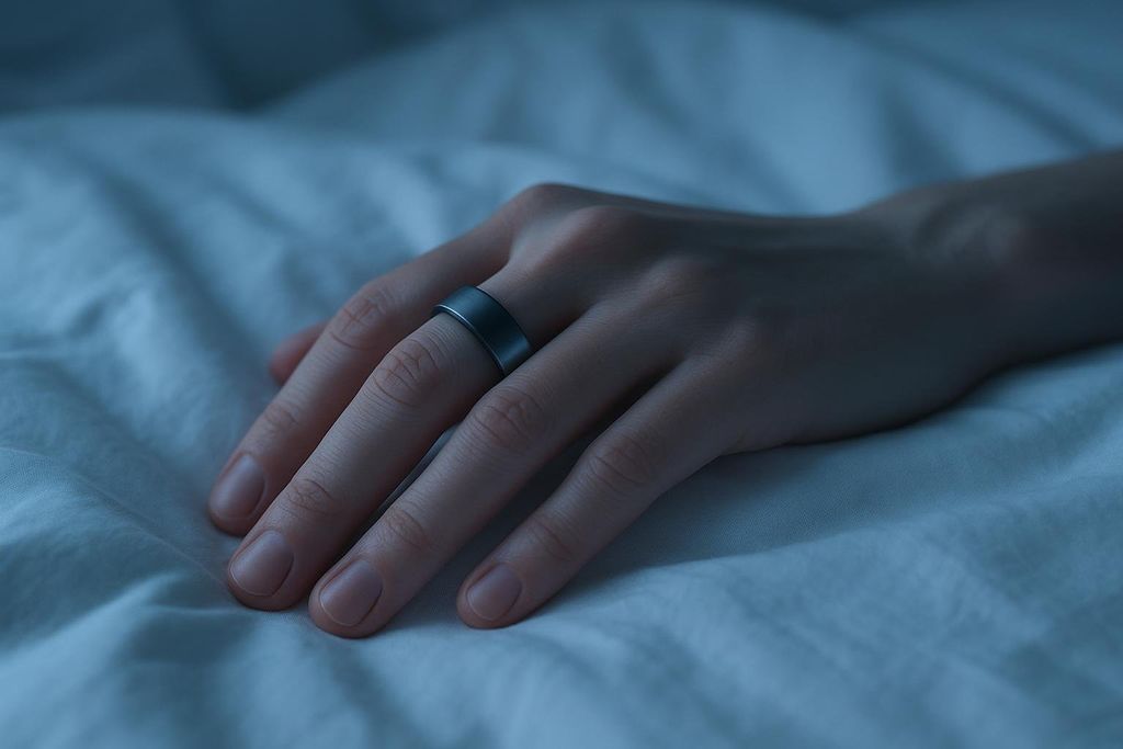 A hand wearing a dark sleep tracking ring rests gently on a white bed sheet, illuminated by dim, cool light.