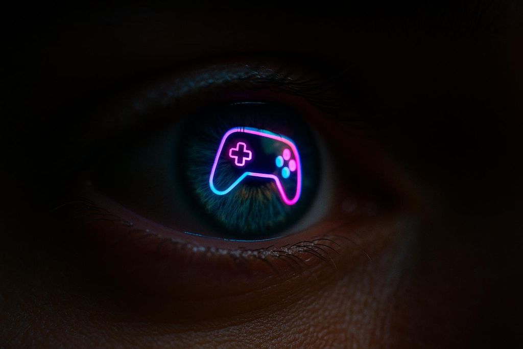 Extreme close-up of an eye reflecting screen lighting