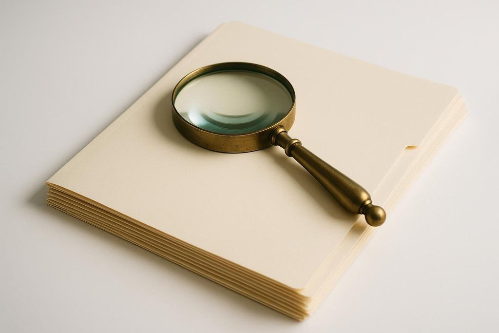 A vintage-style brass magnifying glass rests on a neatly stacked pile of manila file folders. The folders and the white surface beneath create a clean and organized visual.