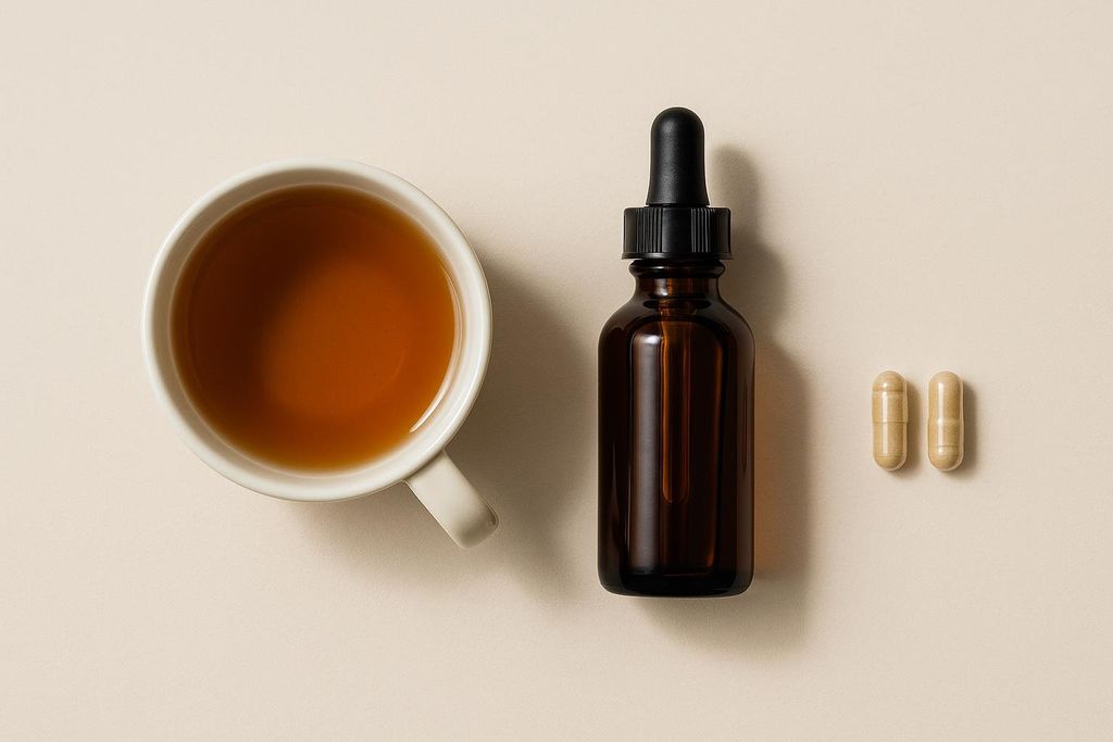 Flat lay of a white mug filled with dark amber echinacea tea, a small amber dropper bottle likely containing echinacea tincture, and two light brown echinacea capsules, all arranged on a light beige background.