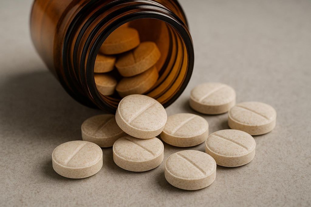 Close-up of a brown bottle overturned on a gray surface, with several round, beige calcium supplement pills spilled out around it.