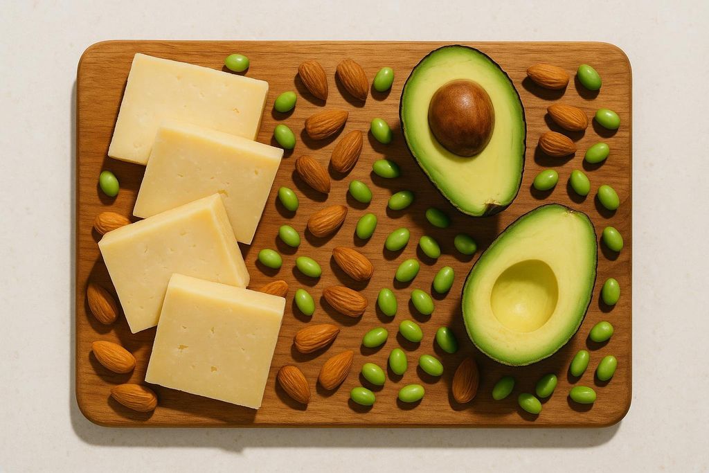 An overhead view of a wooden cutting board with a healthy snack assortment including sliced yellow cheese, a halved avocado, whole almonds, and shelled edamame scattered across it.