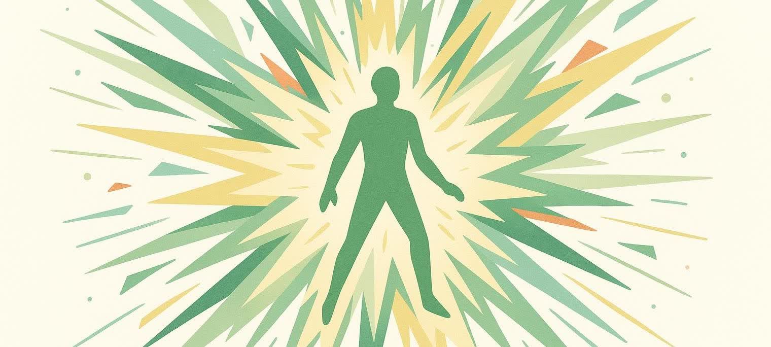 A stylized green human silhouette with lightning bolts and abstract shapes radiating outwards in green, yellow, and orange colors, symbolizing power and intense energy like anaerobic exercise.