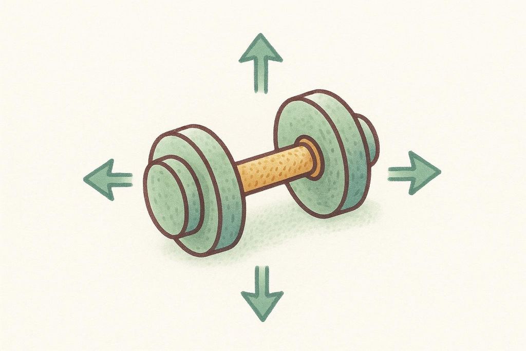 An illustration of a green dumbbell with a yellow handle, surrounded by four green arrows pointing outwards in cardinal directions (up, down, left, right), symbolizing versatility or different directions of movement.
