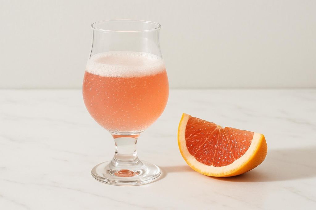 A clear glass filled with pink, sparkling liquid and a foamy head, likely kombucha. To the right of the glass is a wedge of grapefruit, showing its vibrant red-orange flesh and white rind, all resting on a white marble surface.