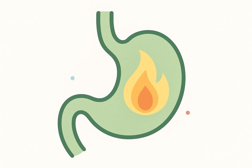 An illustration of a light green outline of a stomach with a small orange and yellow fire burning inside of it. This visual depicts heartburn, indigestion, or thermogenesis within the stomach.