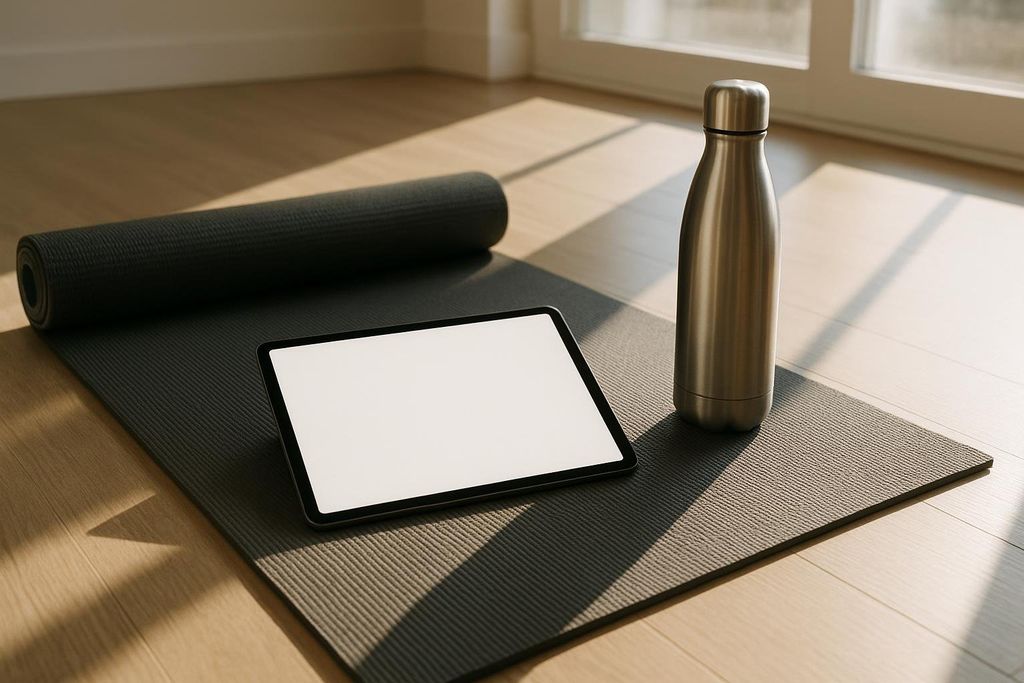 A black rolled-up yoga mat and a blank digital tablet rest on a grey yoga mat on a wooden floor. A metallic water bottle stands beside the tablet. Sunlight streams in from a window on the right.
