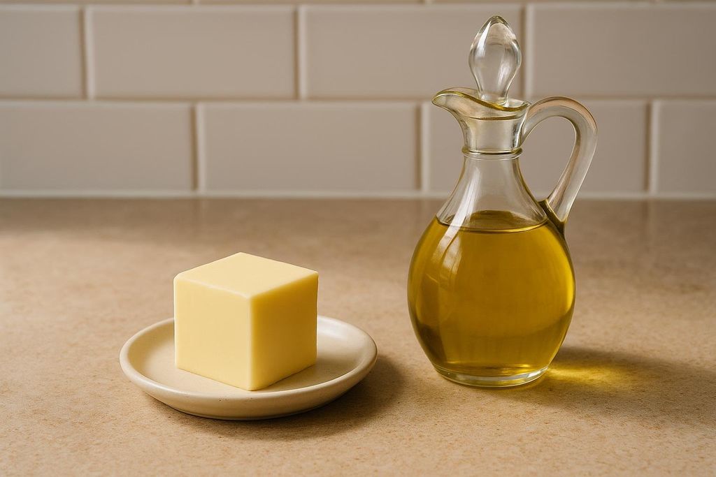 A side-by-side comparison of a stick of butter on a small white plate and a glass cruet filled with golden vegetable oil, against a background of white subway tiles and a light brown countertop.