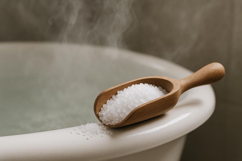 A wooden scoop filled with white Epsom salts resting on the edge of a white bathtub, with steam rising faintly from the water inside the tub.
