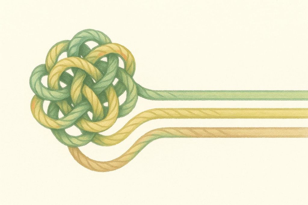 An illustration depicts a complex, green and yellow woven knot on the left, with three smooth, parallel lines of the same colors extending from it to the right on a light cream background.