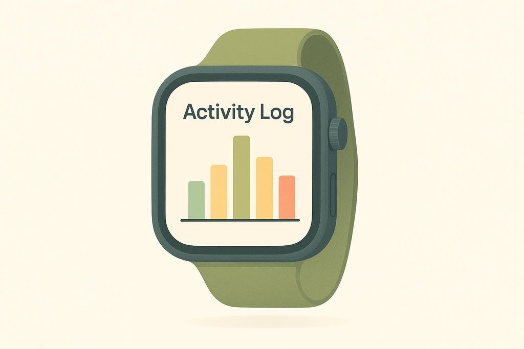 An illustration of a smartwatch displaying an 'Activity Log' with a bar chart showing different levels of activity for various days or periods. The smartwatch has a dark grey face and an olive green band.