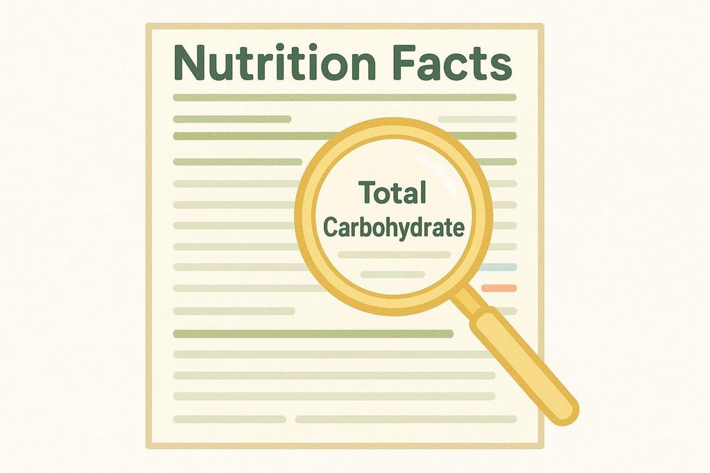 An illustration of a nutrition label with a magnifying glass focused on the 'Total Carbohydrate' line, emphasizing its importance for carb counting.